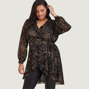 Torrid Chiffon Tie Front High Low Tunic Blouse Womens 3 Black Ruffle Whimsigoth